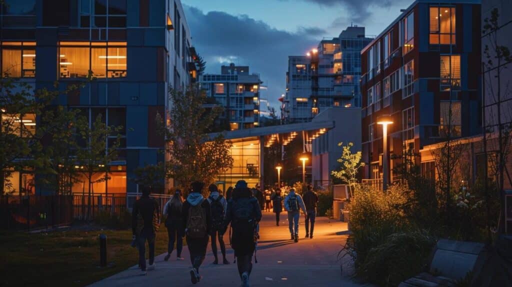 a vibrant cityscape at dusk showcases a diverse group of aspiring electricians gathering outside a modern, accredited school, their faces illuminated by the warm glow of nearby streetlights, symbolizing the pursuit of knowledge and professionalism in the electrical field.