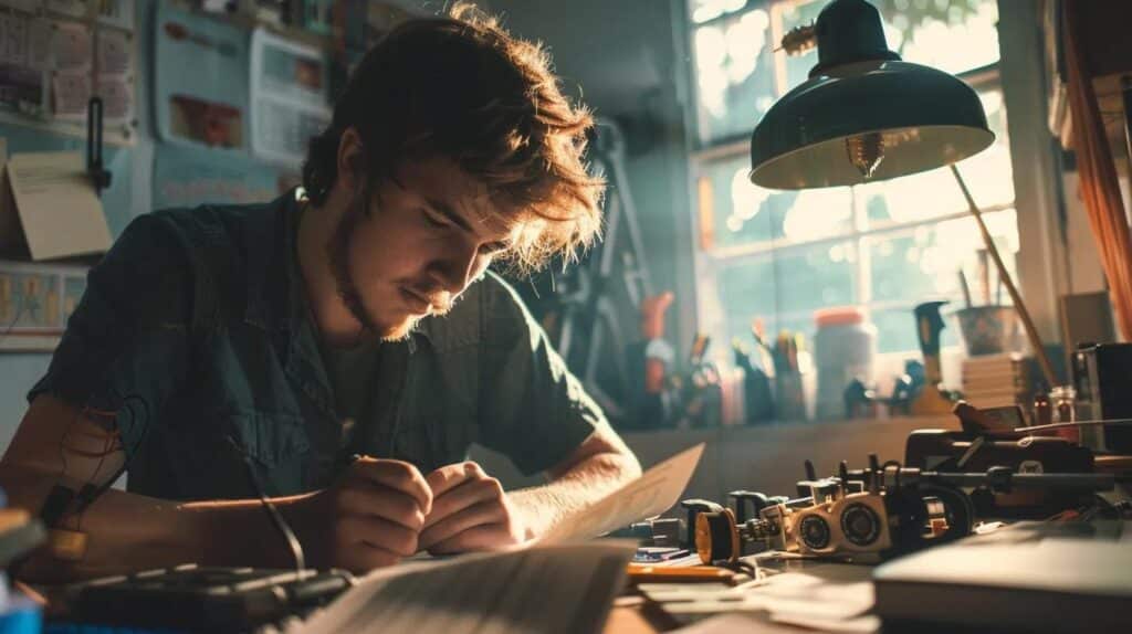 a focused student examines a detailed curriculum guide for electrician training, surrounded by vibrant electrical tools and equipment, illuminated by soft, natural light streaming through a window, emphasizing the importance of hands-on learning for future career success.