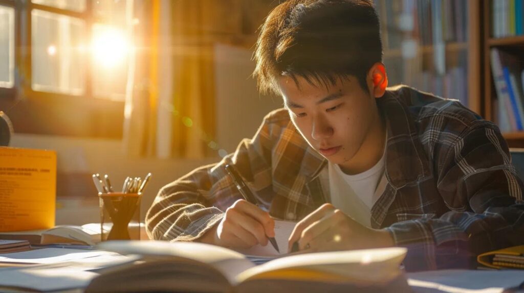 a determined student reviewing financial aid options at a sunny desk, surrounded by textbooks and electric tools, symbolizes the journey towards a successful career in the electrical field.