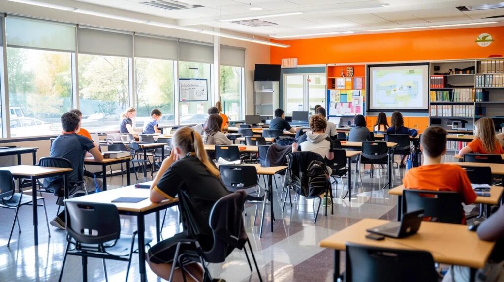 a vibrant, focused classroom filled with engaged students around a cutting-edge workstation, illuminated by natural light, showcasing the dynamic environment of accredited electrician schools where collaboration and learning thrive.
