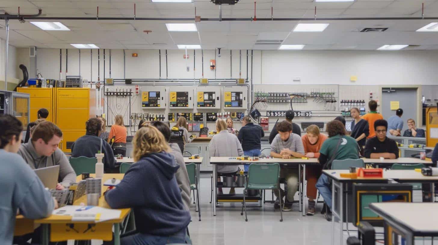 a vibrant classroom filled with enthusiastic students engaged in hands-on electrical training under bright, focused lighting, showcasing the path to accredited electrician schools and promising career opportunities.